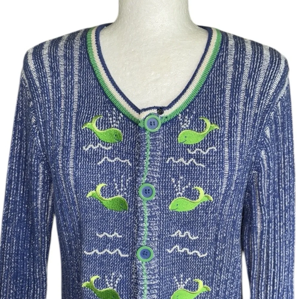 Storybook Knits Vintage Whale Of A Day Embroidered Blue Green Beaded Cardigan  S